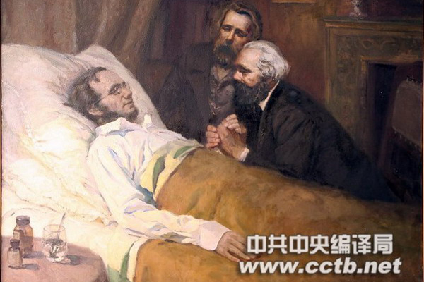这幅油画描述的是马克思和恩格斯于1864年5月3日在曼彻斯特看望病重中的威廉·沃尔弗的情景。