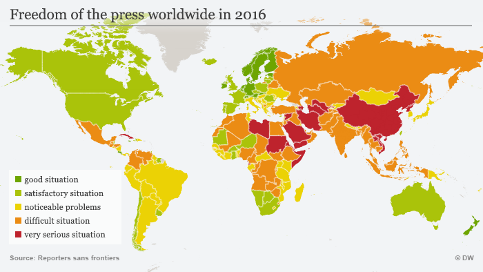 记者无疆界：2016年世界新闻自由局势图