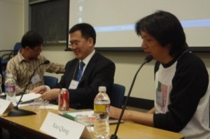 Hu Yong, Liu Xiaobiao, and moderator Xiao Qiang (left to right)