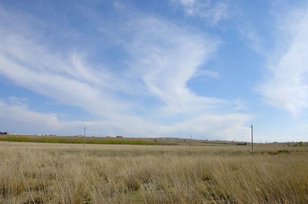 Wispy, fancifully shaped clouds adorn a pale blue sky above a relatively deserted stretch of the Xilamuren Grasslands in Baotou, Inner Mongolia.