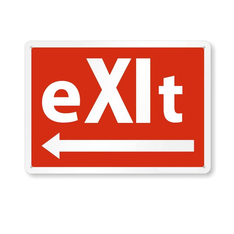 A poster showing a red and white “Exit” sign with an arrow pointing left. The sign’s center letters “X” and “I” are written in upper-case, referring to Xi Jinping.