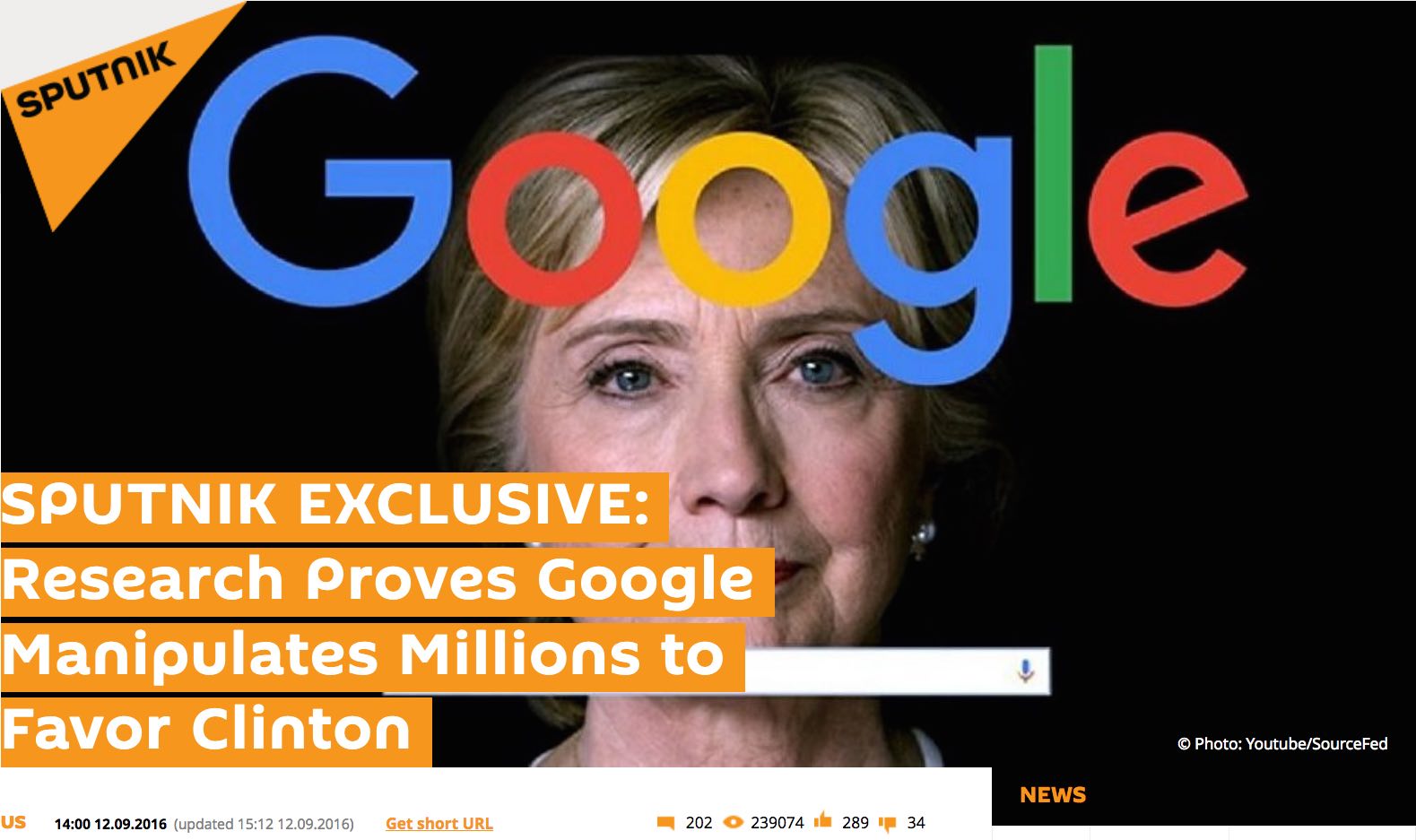 【弄个大新闻】声称“谷歌屏蔽希拉里负面信息”的不是英媒是俄媒