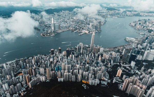 A panoramic shot of Hong Kong taken from a drone