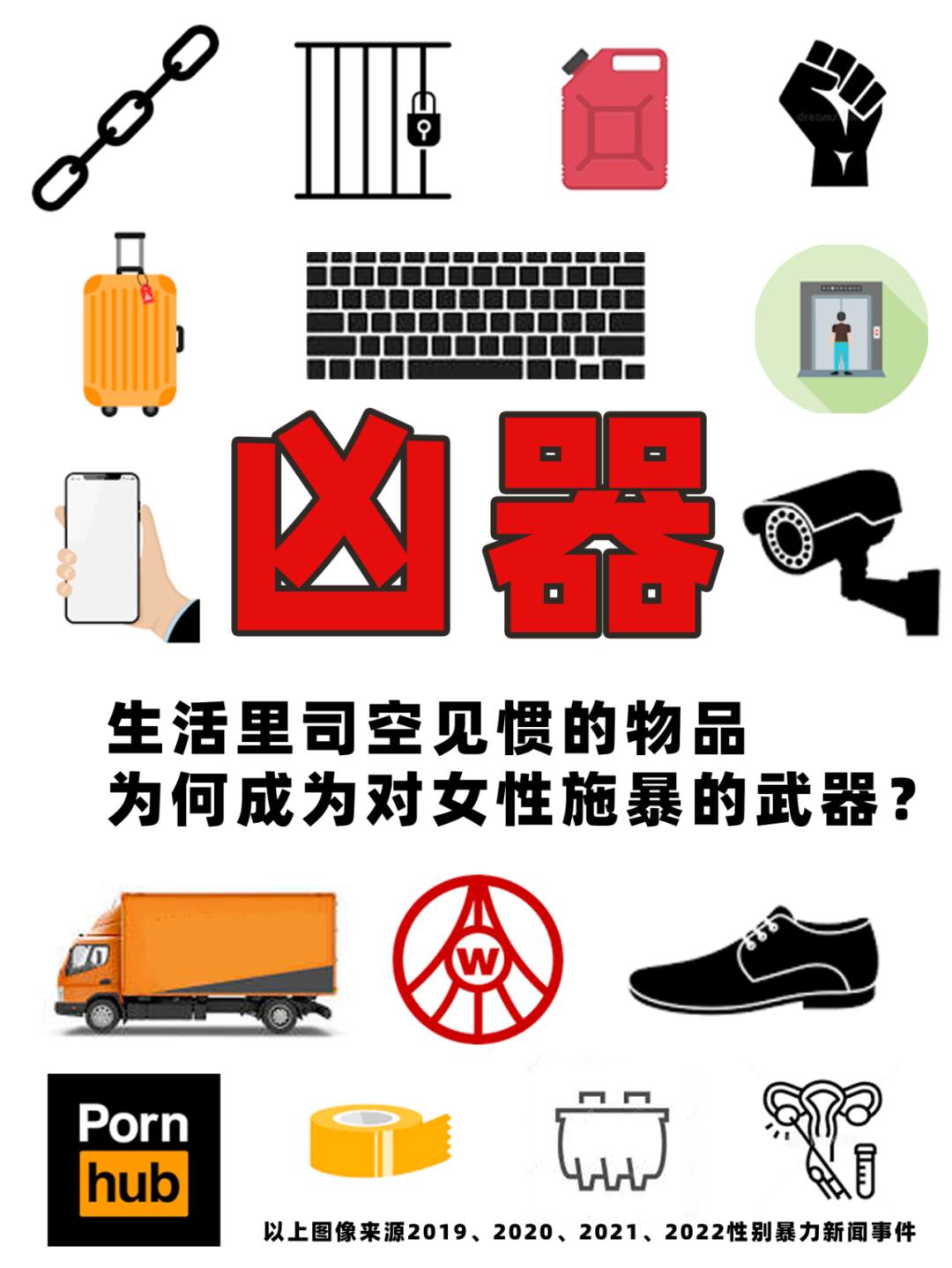 A white poster with stock images arranged in a grid: a chain, a jail cell, a gasoline canister, a raised fist, a suitcase, a computer keyboard, an elevator, a cell phone, a security camera, a moving van, the logo of Wuliangye brand liquor , a shoe, the Pornhub logo, a roll of masking tape, a septic tank, and a drawing of a uterus, fallopian tubes and ovaries.