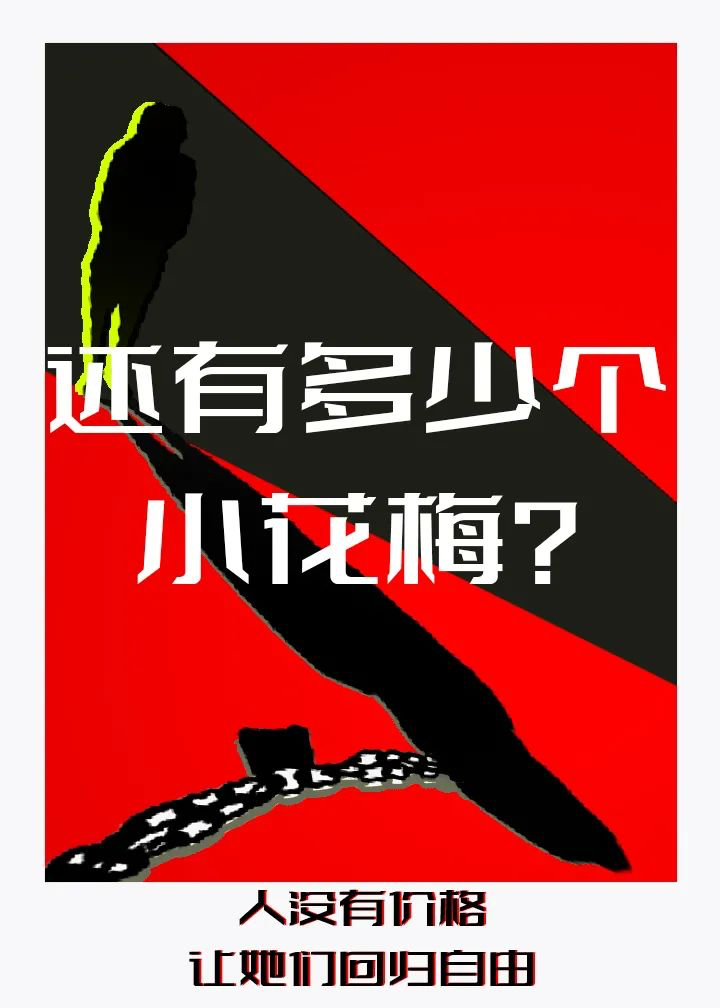 Black and red poster with the silhouette of a woman, her chained shadow, and the words, “How many more Xiaohuameis are there?” written in the center.
