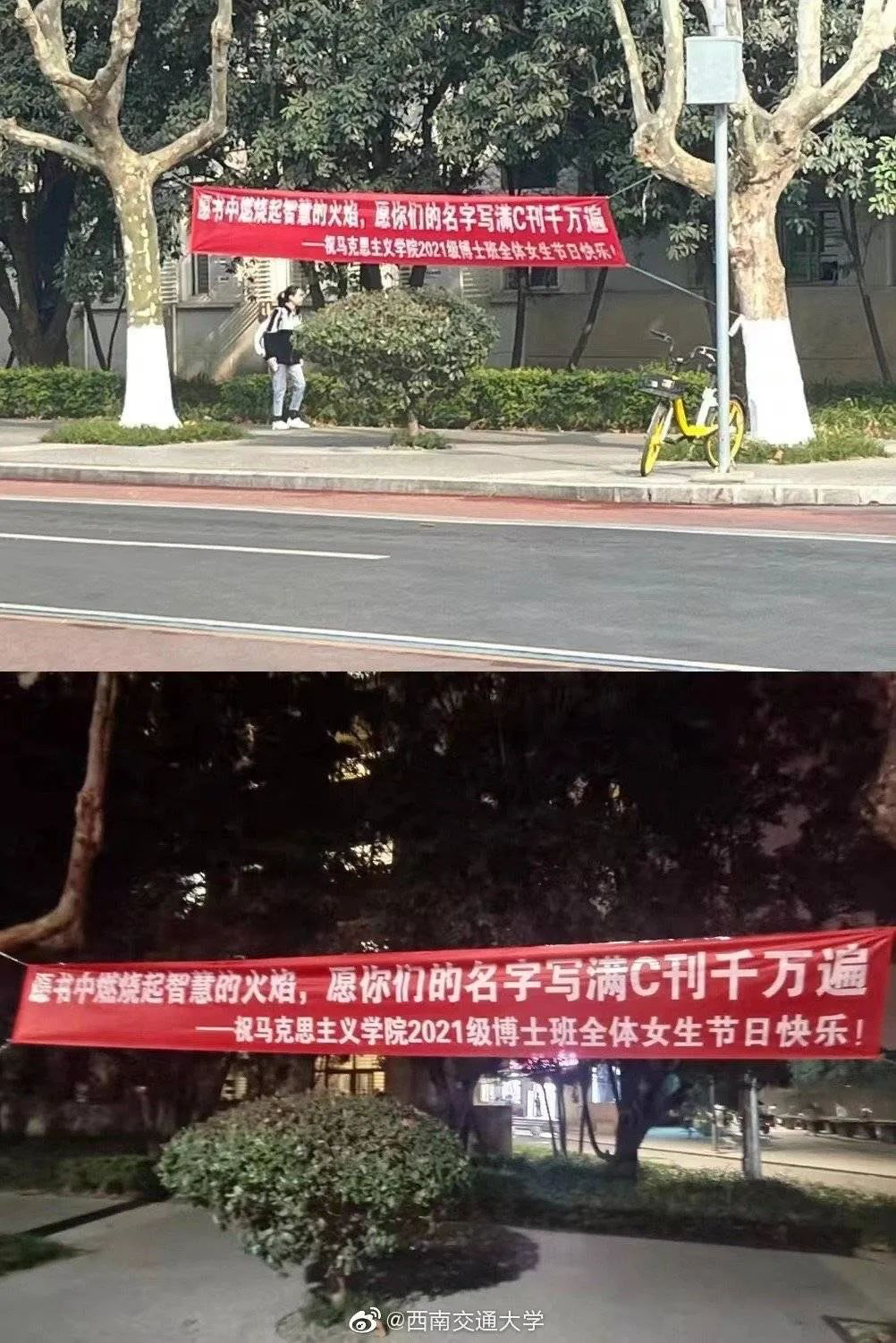There are two photos of this red banner, which is hung between two trees along a campus road. The first photo is taken from a distance during the day; the second is a close-up of the banner, taken at night.