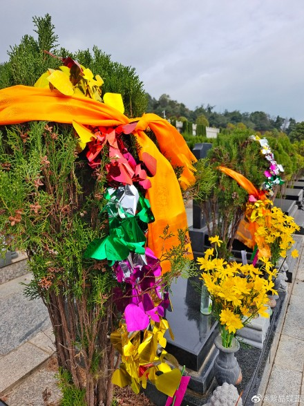A row of somber gray marble gravestones are decorated with yellow flowers in stone vases and bushes draped in colorful ribbons.