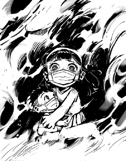 A black and white illustration of a little girl in a surgical mask hugging a younger boy in a mask, trying to protect him from the flames that surround them.