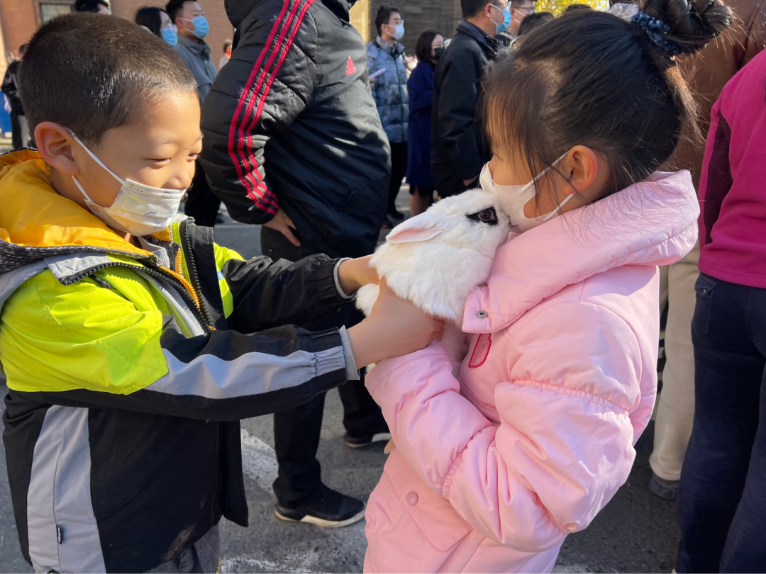 A little girl in a white face-mask and puffy pink jacket hugs a white bunny to her chest. A little boy in a mask and black-and-yellow jacket reaches out, as if trying to grab the bunny.