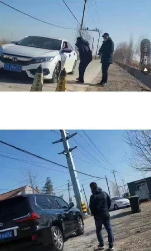Two photos. In the first photo, two men speak to the driver of the white car; in the second photo, a man stands beside a large black SUV. 