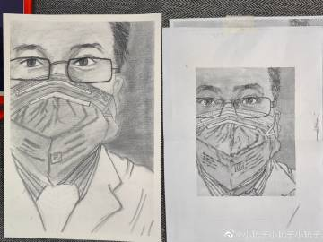 Two black-and-white portraits of Dr. Li Wenliang, hand-drawn in pencil, depict the young doctor with kind eyes, rectangular eyeglasses, an N-95 mask, and a white lab coat.