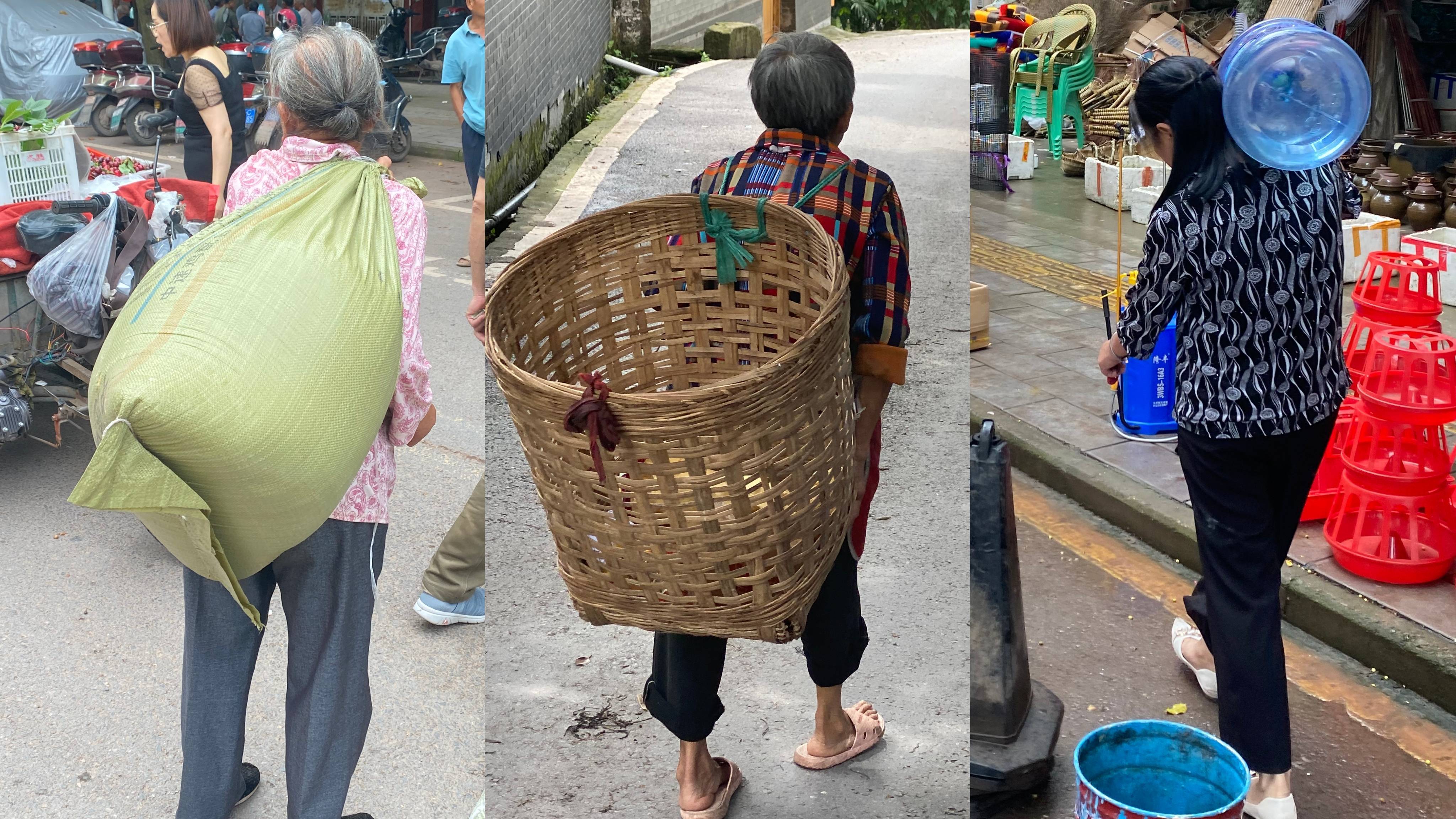 Three photos show three different women, viewed from behind, shouldering an overstuffed sack, an enormous rattan basket, and a heavy plastic water bottle, respectively.