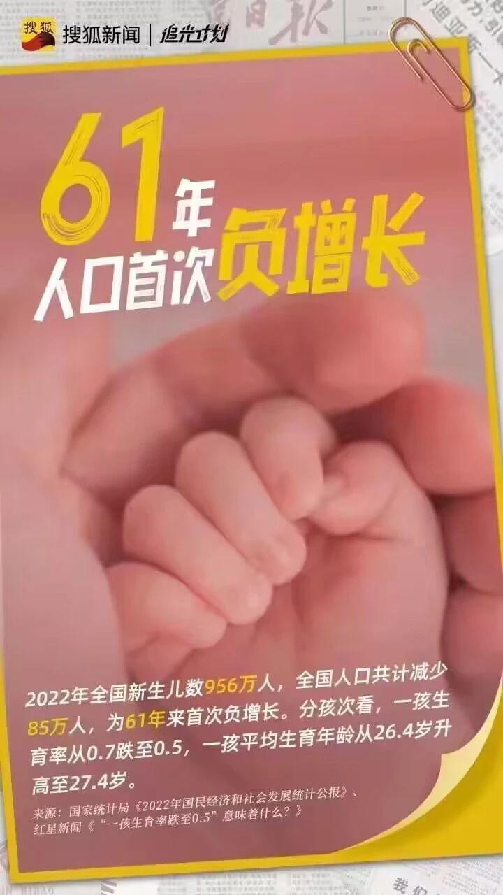 A large adult hand holds a tiny baby’s hand. The headline reads, “Population growth is negative for the first time in 61 years.”