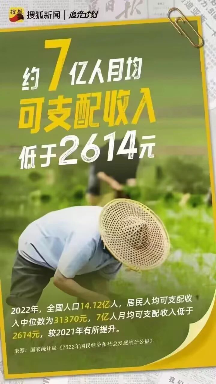Two farmers, one wearing a straw hat, bend at the waist as they tend to a green field. The background is slightly blurred, and their faces are not visible. The headline reads, “Approximately 700 million people have a monthly disposable income of less than 2614 yuan”