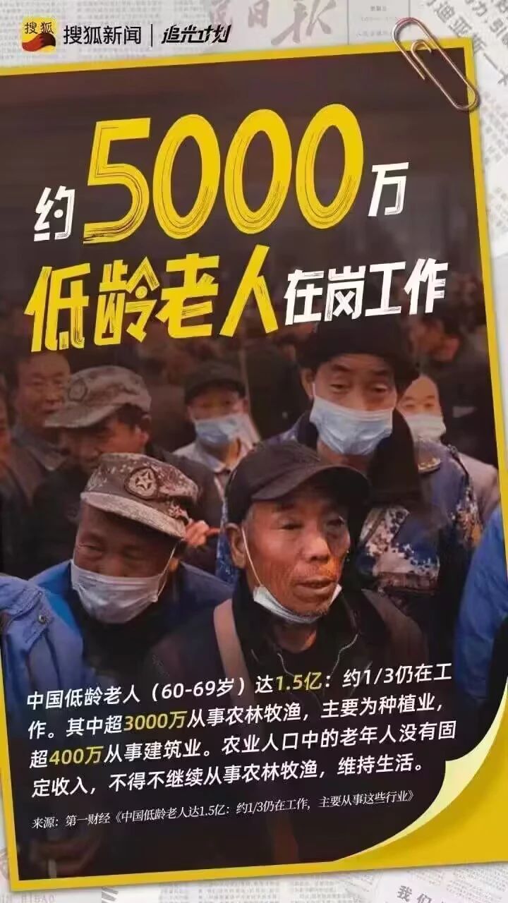 A crowd of older workers, mostly men, are wearing surgical masks and tattered hats and jackets. The headline reads, “Roughly 50 million ‘young elderly’ are still working”