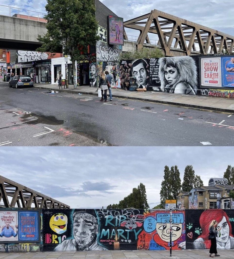 Two photographs of Brick Lane covered in various street art including a portrait of Rowan Atkinson