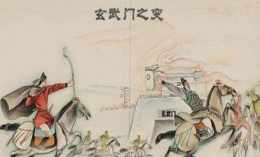 A section of a classical painting reads "Xuanwu Gate Coup" at the top, and depicts a red-clad horseman firing an arrow from his bow and a man on horseback who is fleeing from him.