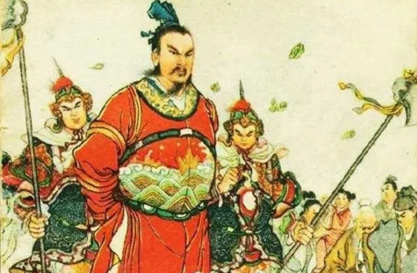 A colorful illustration of a stern-looking warrior (possibly Cao Cao) resplendent in red robes, accompanied by two guards with spiked helmets and spears. Behind them are a crowd of people who appear to be commoners.