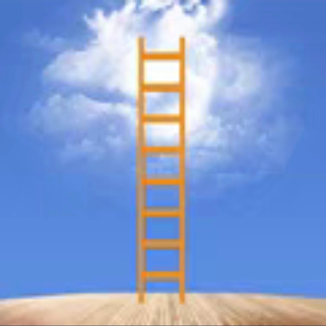 An image of a yellow ladder extending into a blue sky, reaching for the sunlit clouds.