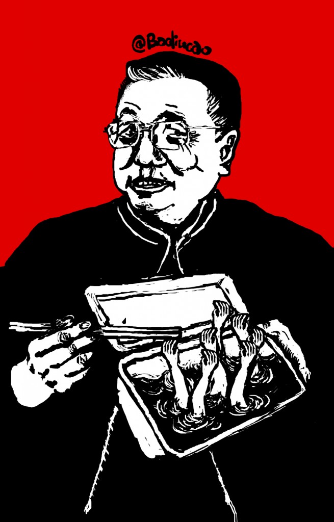 A cartoon from Badiucao references a photo of Li eating a boxed lunch while hundreds of passengers remain unaccounted for—one of many Xinhua photos of Premier Li on his trip to the Yangtze. (Artist: Badiucao 巴丢草)