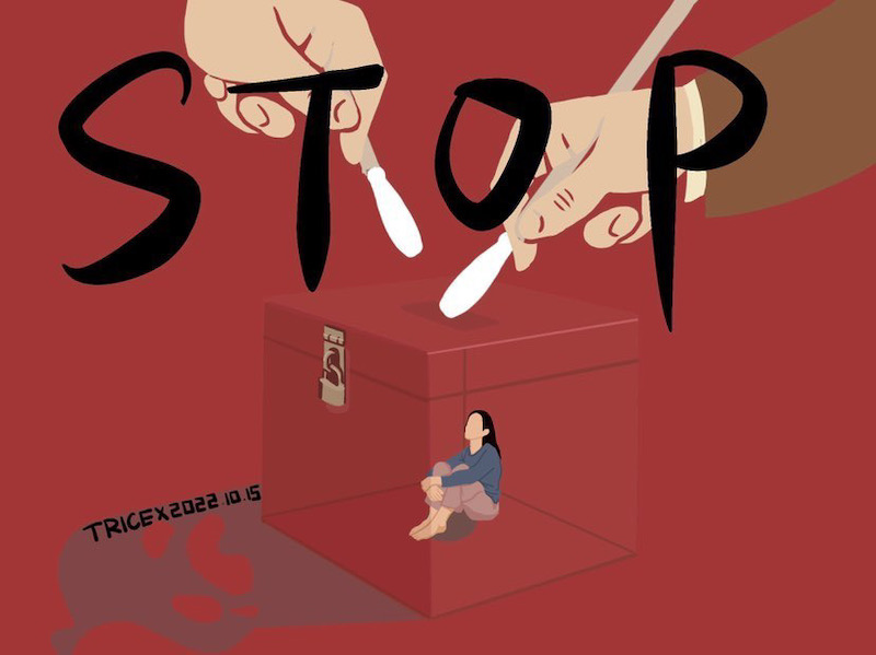 A red poster depicts a woman sitting hunched inside a locked red box, with two large hands reaching down toward her with COVID-test swabs. The English word "STOP" appears at the top, and at bottom left, smaller text reads, "TRICE x 2022.10.15"