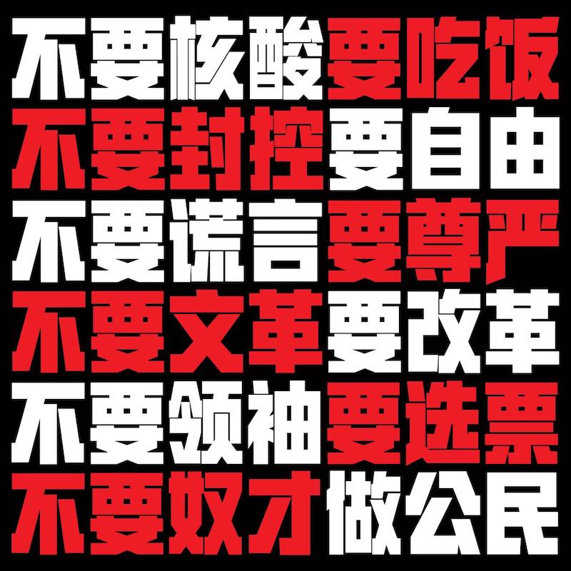 Alt text: Against a black background, the text of one of the original protest banners is reproduced in bold red and white Chinese characters.