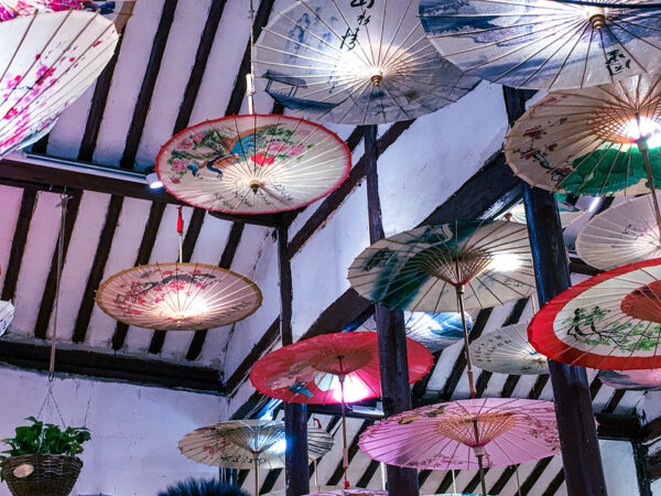 A few hanging plants and over a dozen traditional wood and cloth umbrellas in a variety of colors and patterns adorn the high wooden-beamed ceiling of a traditional Chinese building.