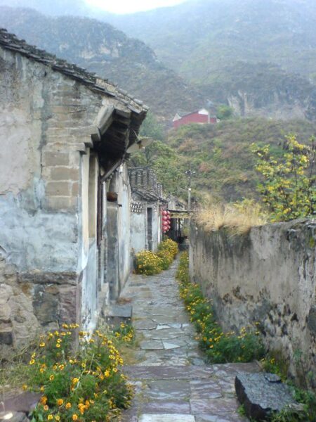 Against a hill covered with undergrowth, a narrow cobblestone path lined with yellow wildflowers and a crumbling stone wall winds past single-story traditional courtyard homes constructed of gray brick, stone, and tile. The village of Cuandixia, which dates back to the Ming Dynasty, is located in Beijing's far western Mentougou District.