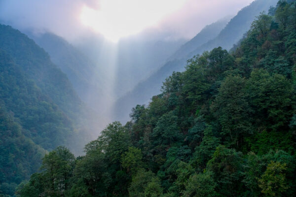 Dramatic beams of light spill through the clouds to illuminate the slopes of a steep, heavily wooded valley in Guizhou province.
