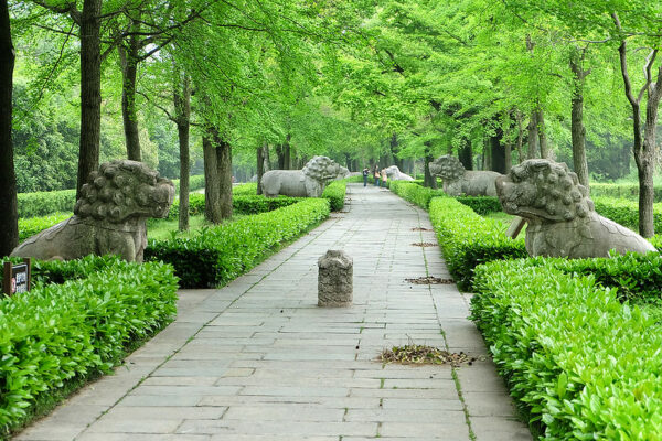 At the mausoleum of the Hongwu Emperor in Nanjing, a paved pathway is lined with lush green shrubbery and trees, and pairs of imposing stone lions.