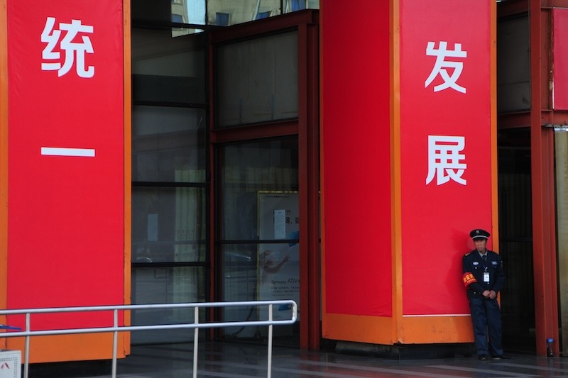 A male security guard in a dark blue uniform and cap, with a red armband, leans against an enormous, bright-red pillar at the entrance to a building. Large Chinese characters on the pillar read, "Development."
